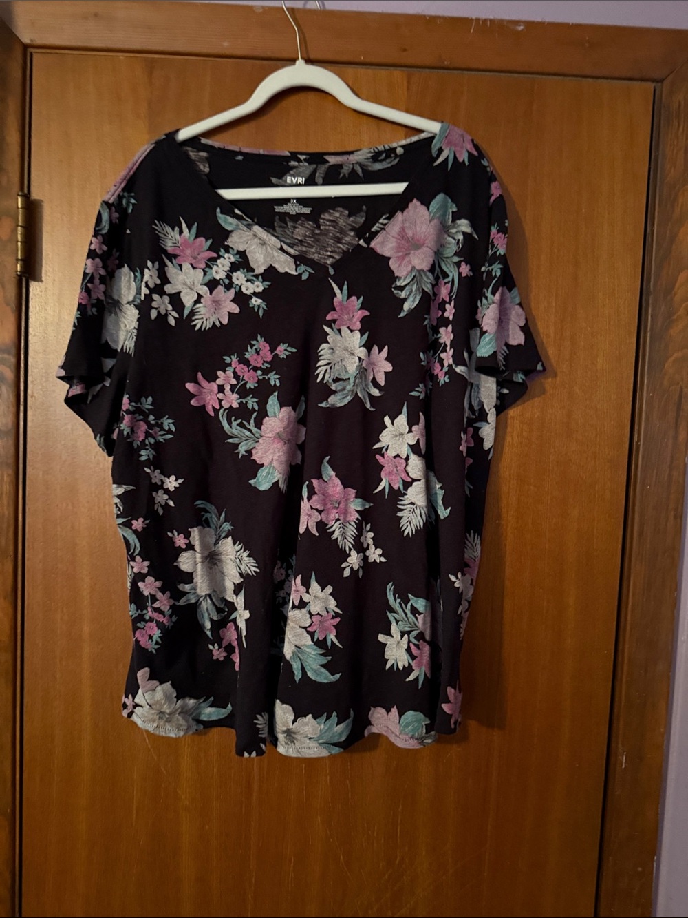 EVRI Black Floral V-Neck Short Sleeve Top with Pink & Teal Blooms